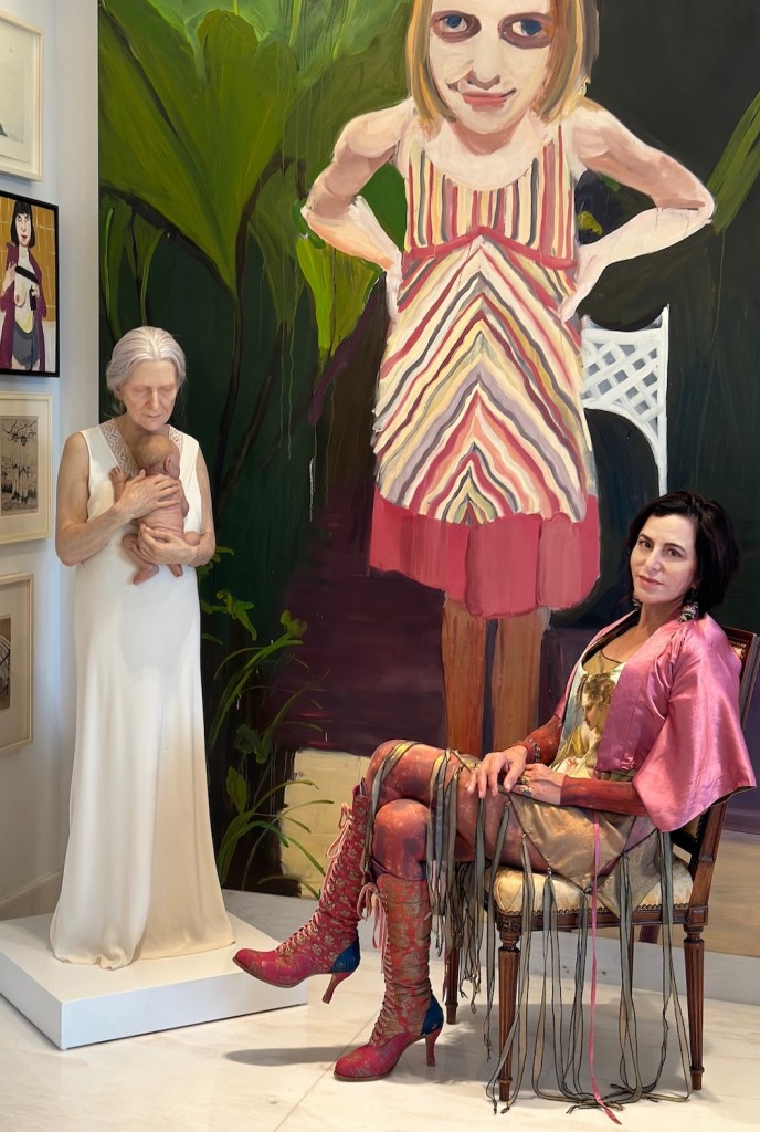 Kim Manocherian in front of Chantal Joffe's Moll in the Striped Dress, 2006, next to sculpture by Sam Jinks, Woman and Child, 2010. Courtesy of Kim Manocherian, Scheherazade Art Collection