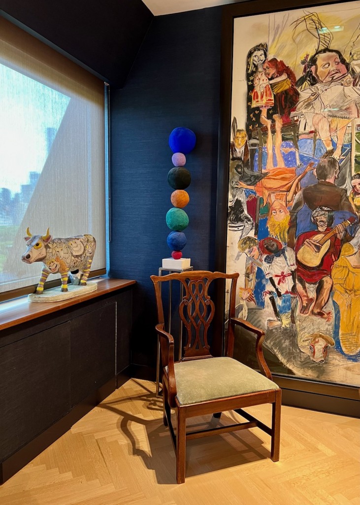 Left to right: Annie Morris, Stack 7, Ultramarine Blue, 2016 and Paula Rego, Dame with the Goat's Foot VI (Cast of Characters), 2012. Photo: Romer Pedron. Courtesy of Kim Manocherian, Scheherazade Art Collection