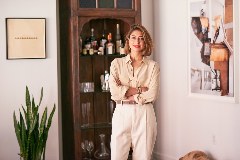 Sana Rezwan in her New York Apartment with Zarina Hashmi, Untitled, 2013 (left) and Yamini Nayar, Encounter, 2017 (right). Photo: Lucas Flores Piran. Courtesy of Sana Rezwan