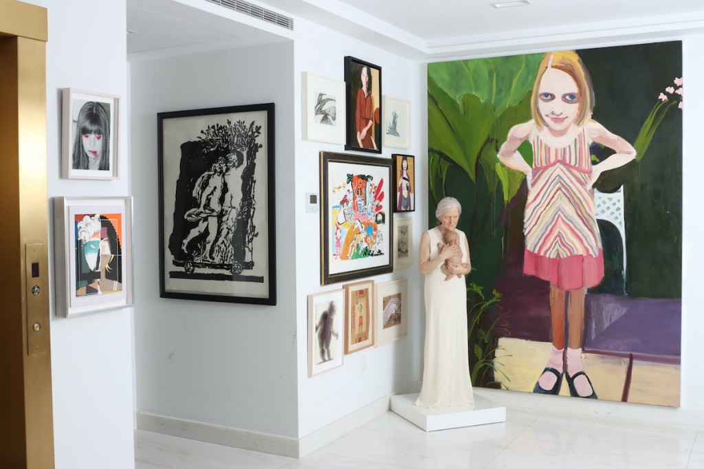 An art-filled corner with artworks from various artists, including Marina Faust, William Kentridge, Paula Rego, Sam Jinks, Chantal Joffe, among others. Courtesy of Kim Manocherian, Scheherazade Art Collection